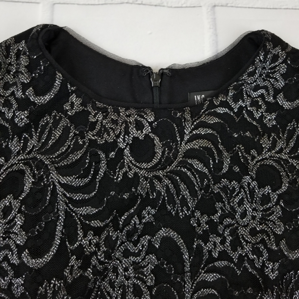 Black Metallic Bell Sleeves Flocked Lace Dress - Picture 5 of 8